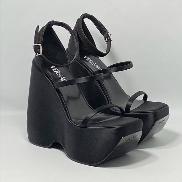 Versace 3 Strap Satin Platform Wedge Sandals size 37 - Picture 5 of 14